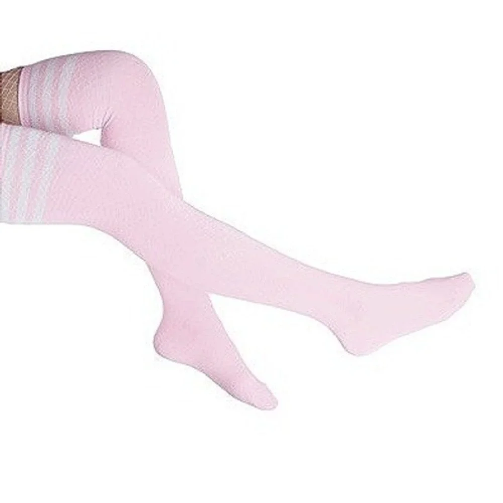 Pink with 3 White Stripes Over the Knee Tall Socks ONE SIZE School Girl NEW